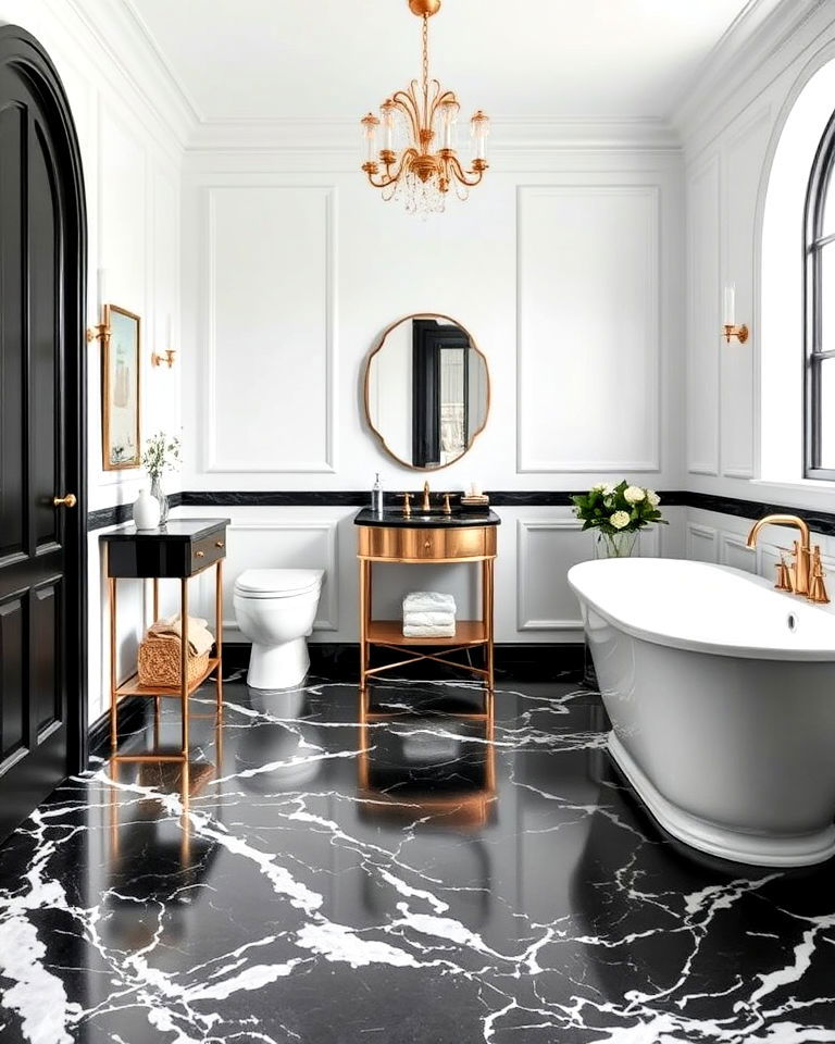 luxurious black marble floor with white veins - 20 Black Floor Bathroom With White Walls Ideas