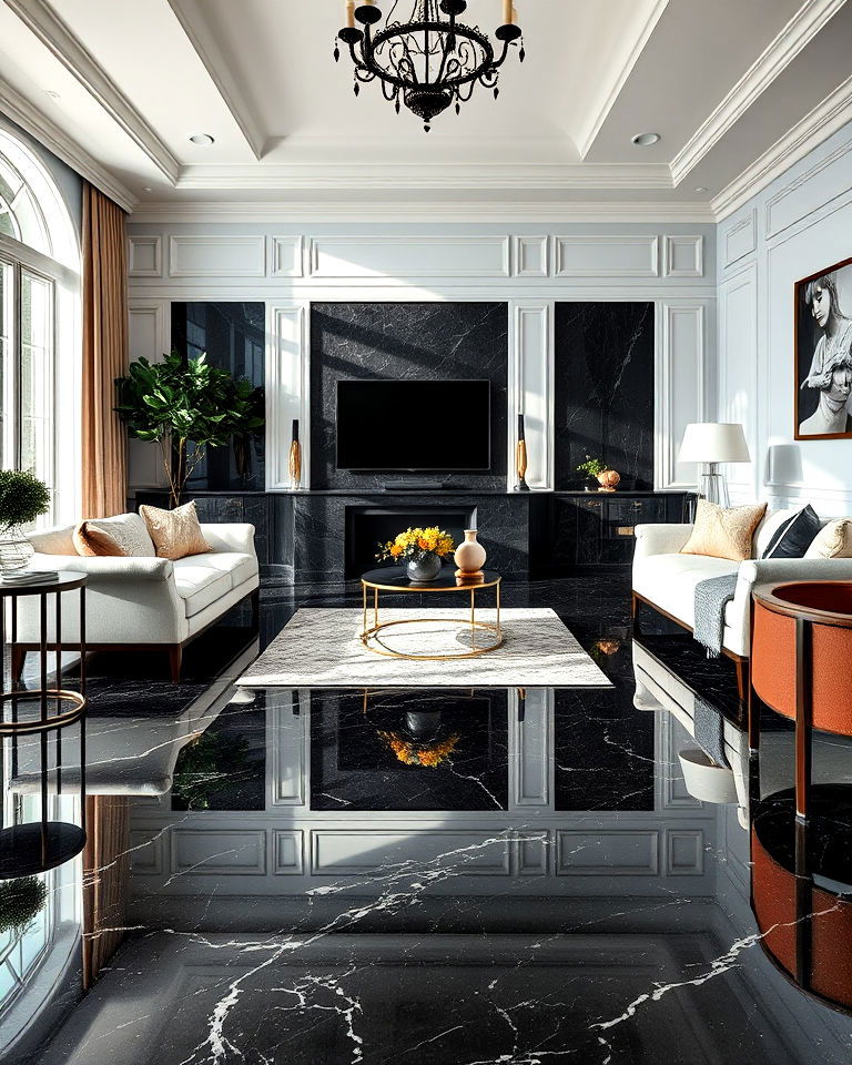 luxurious black polished granite floor - 25 Black Floor Living Room Ideas