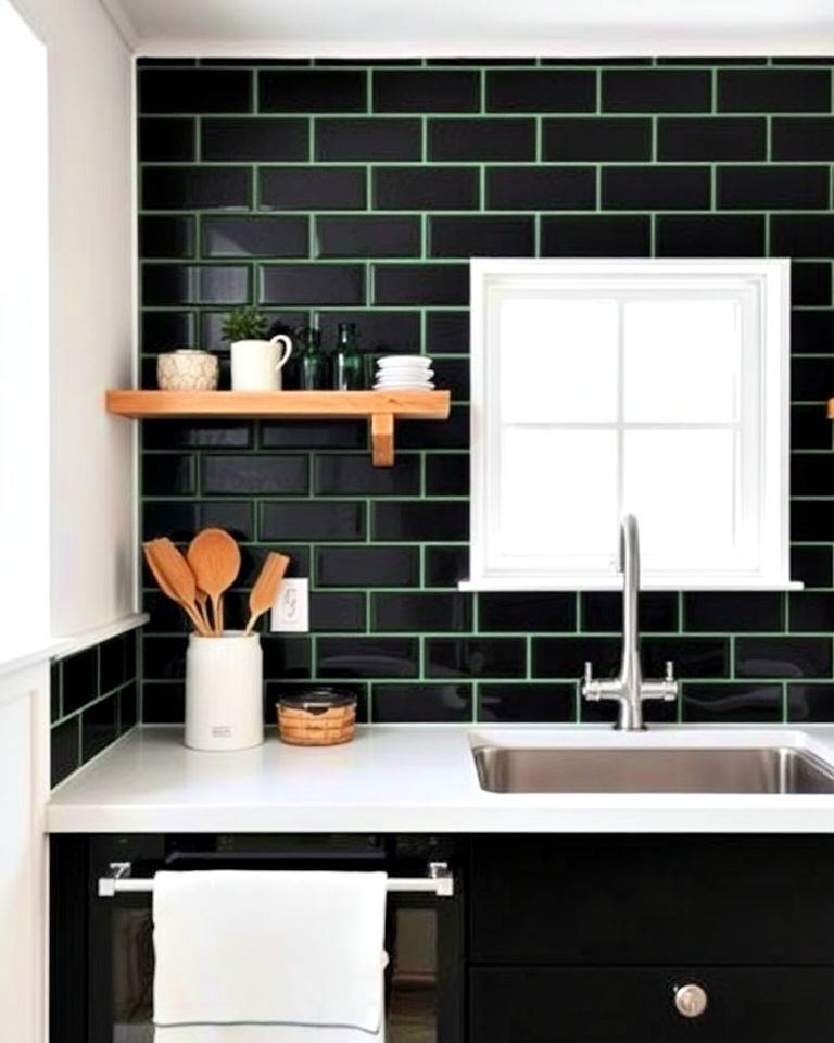 luxurious black subway tiles and green grout - 30 Black and Green Kitchen Ideas