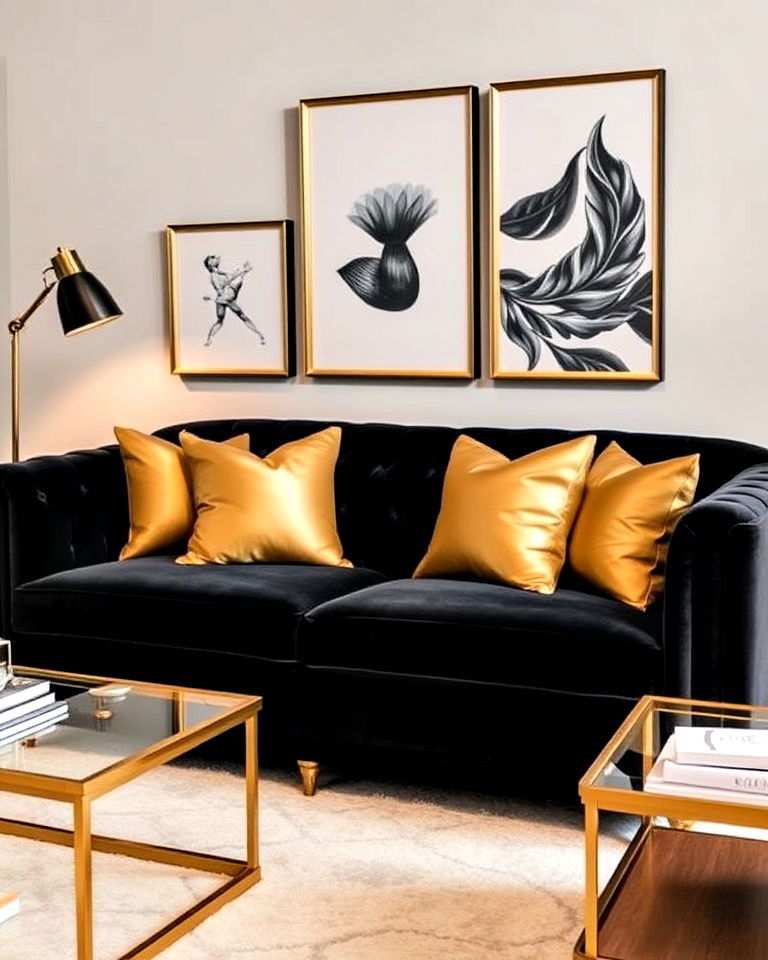 luxurious black velvet sofa with gold accents - 40 Black and Gold Living Room Ideas