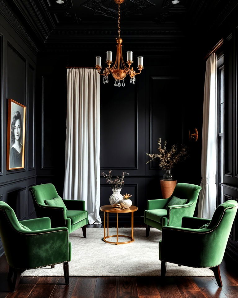 luxurious black walls and green velvet chairs - 30 Black and Green Living Room Ideas
