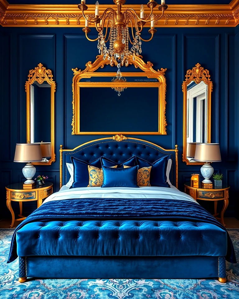 luxurious blue and gold accents - 25 Luxury Blue Bedroom Ideas