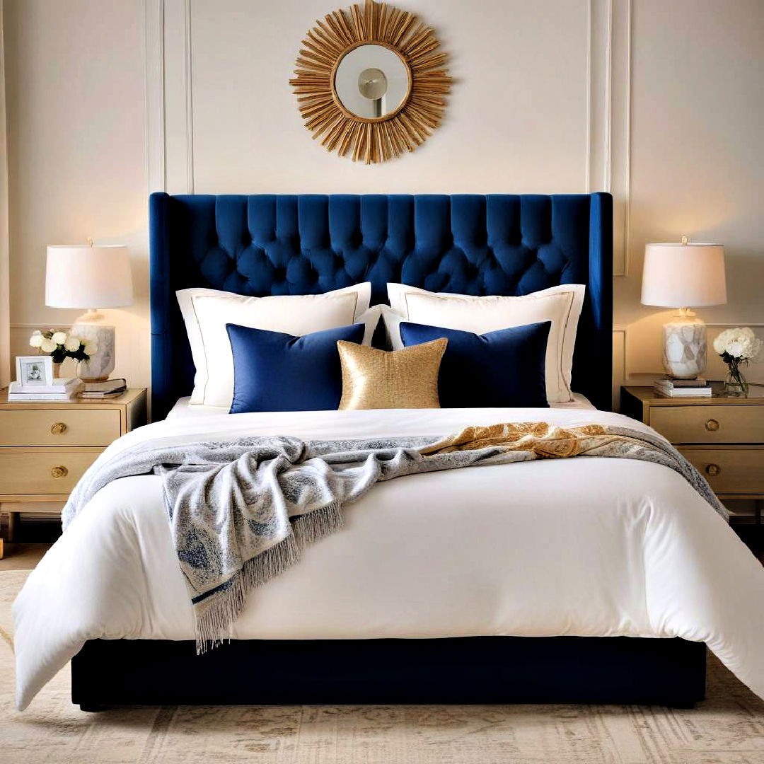 luxurious blue velvet headboard - 20 Blue and Gold Bedroom Ideas