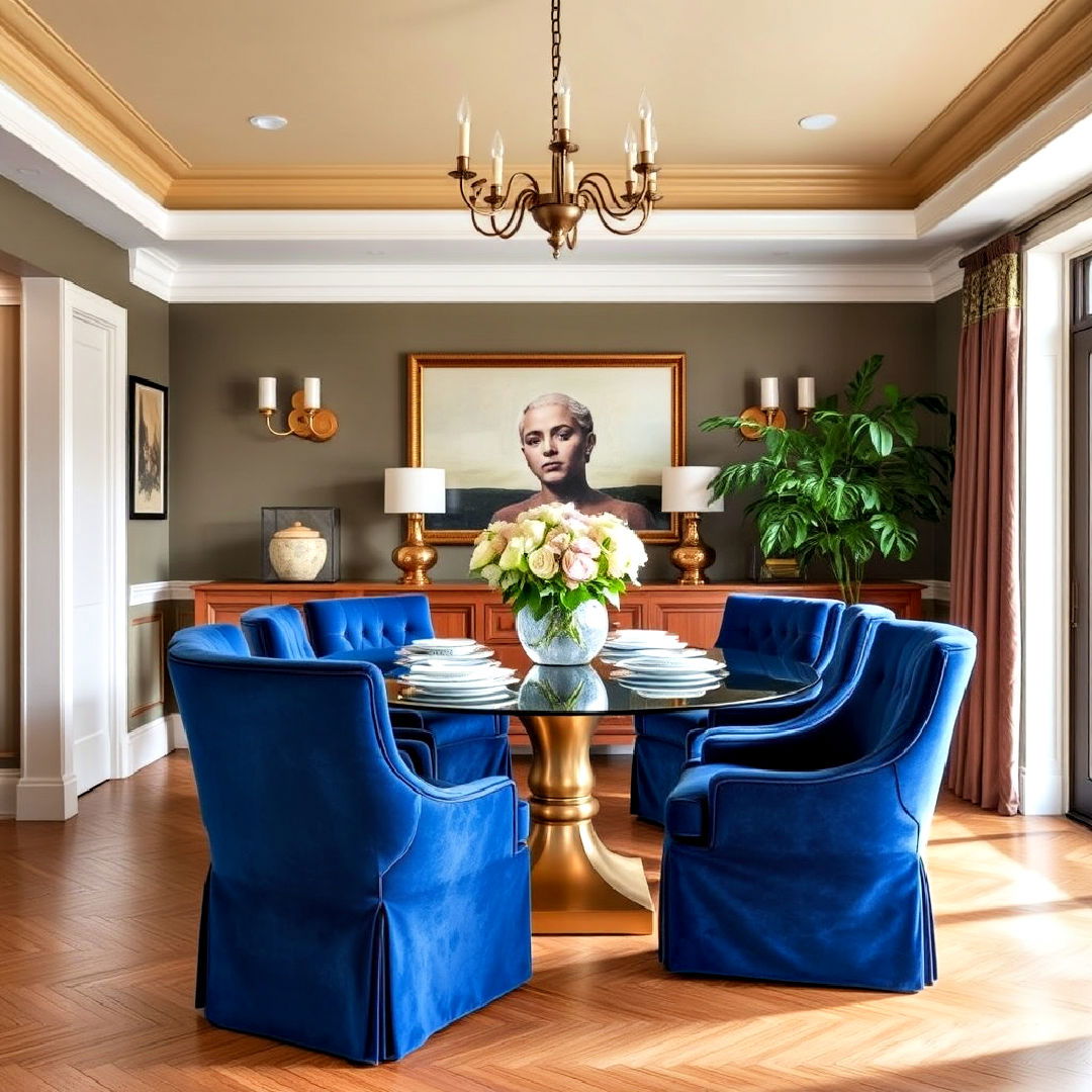 luxurious blue velvet upholstered chairs - 40 Blue Dining Room Ideas