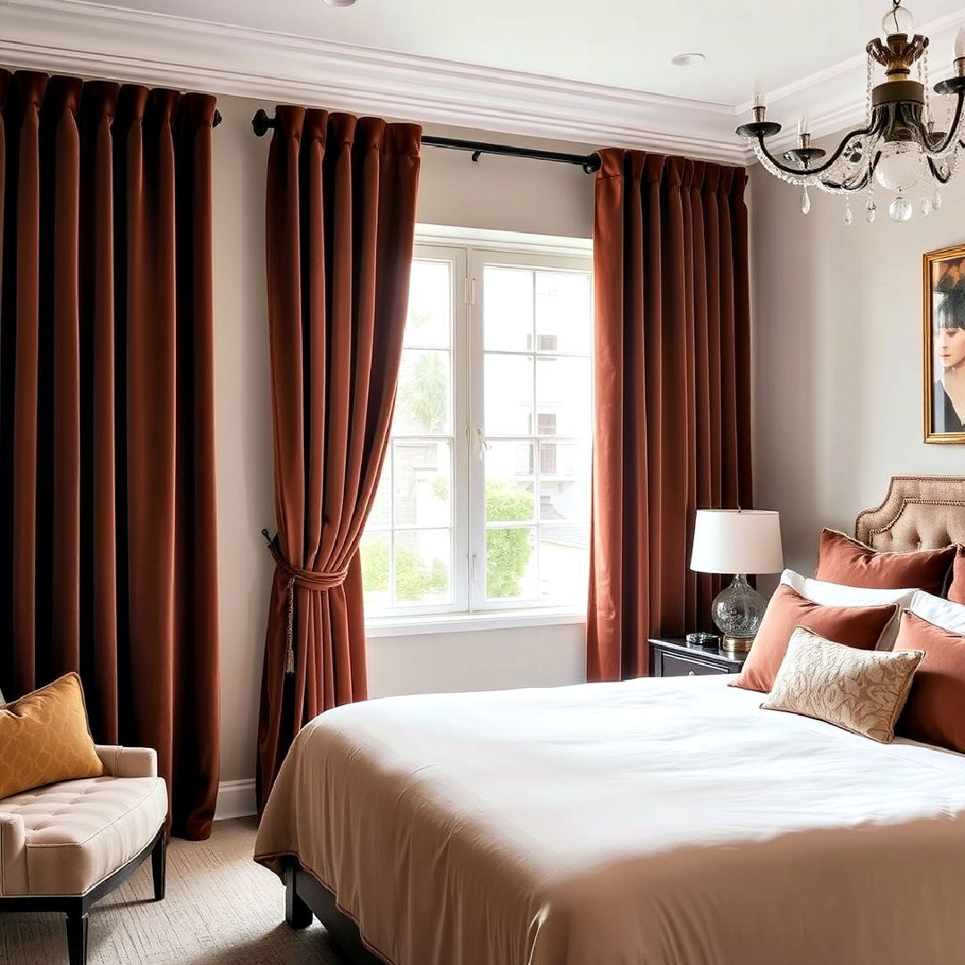 luxurious brown velvet drapes - 25 Brown Bedroom Ideas