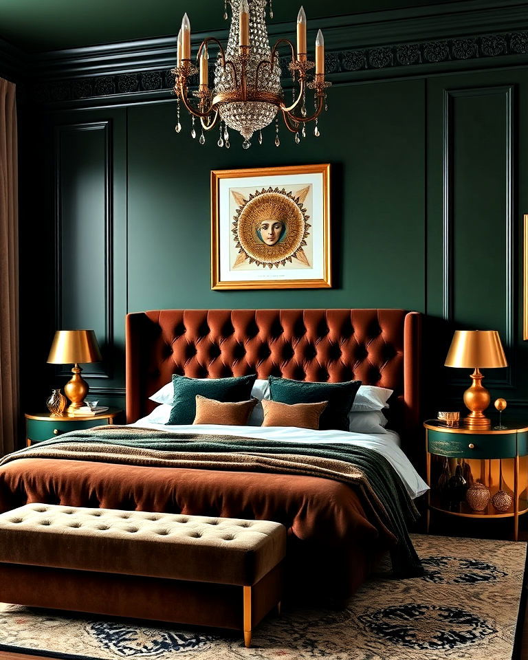 luxurious brown velvet headboard and deep green walls - 20 Green and Brown Bedroom Ideas