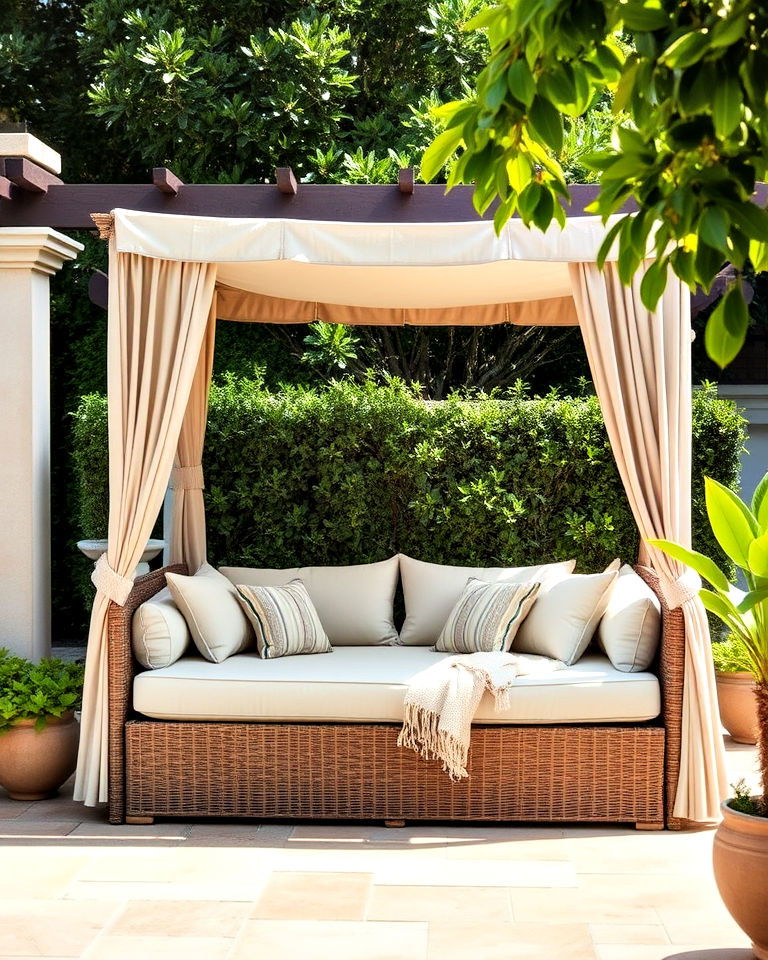luxurious canopy daybed for lounging - 25 Mediterranean Patio Ideas
