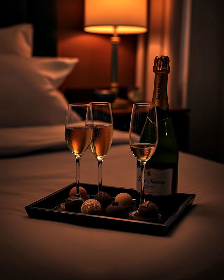 luxurious champagne and chocolate pairing - 30 Romantic Hotel Room Ideas