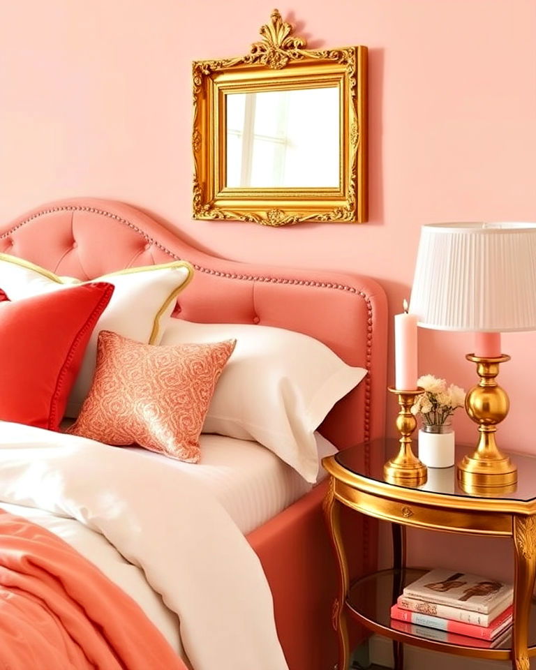 luxurious coral and gold decor accents - 25 Coral Bedroom Ideas