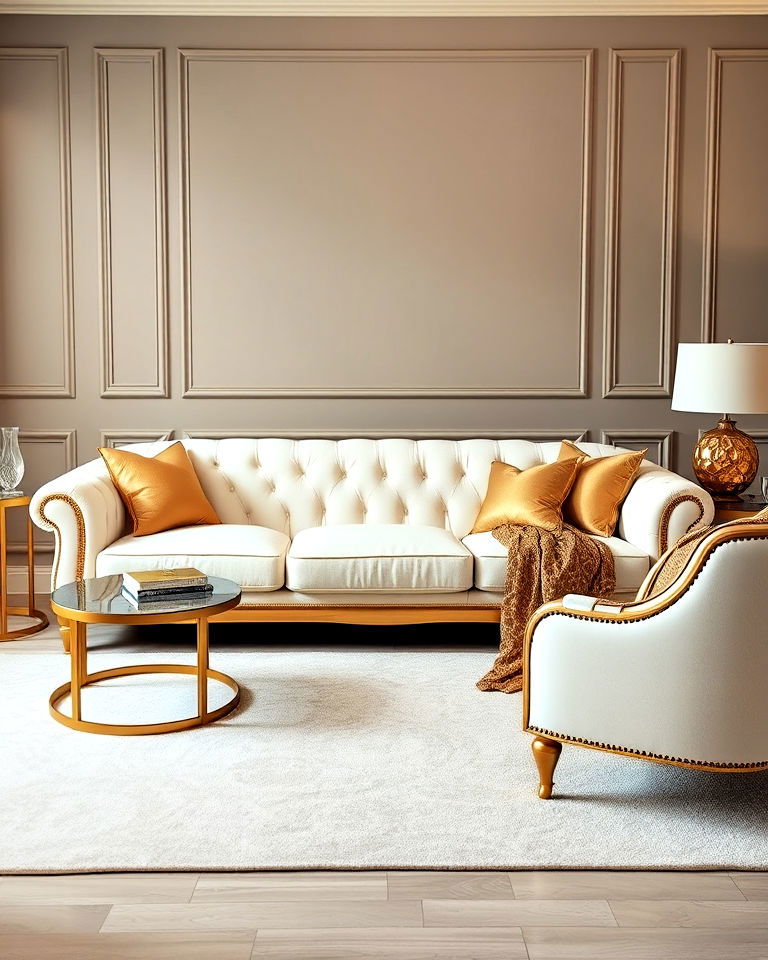 luxurious cream sofa with gold trim for living room - 20 Cream and Gold Living Room Ideas