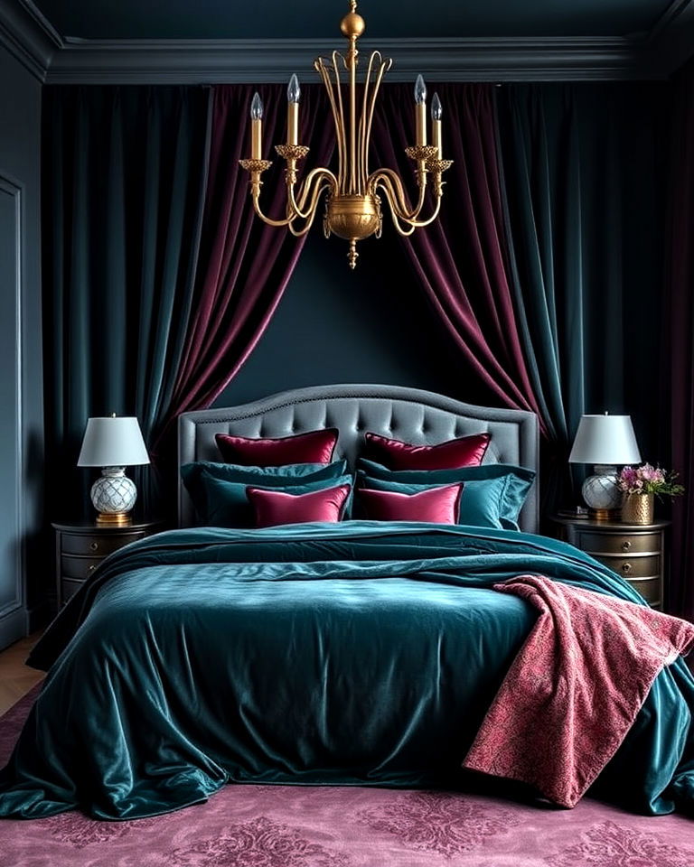 luxurious dark blue bedroom with velvet texture - 30 Dark Blue Bedroom Ideas