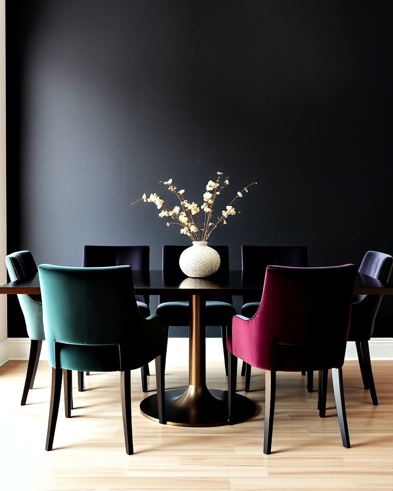 luxurious dark elegance with velvet accents - 20 Black Accent Wall Dining Room Ideas