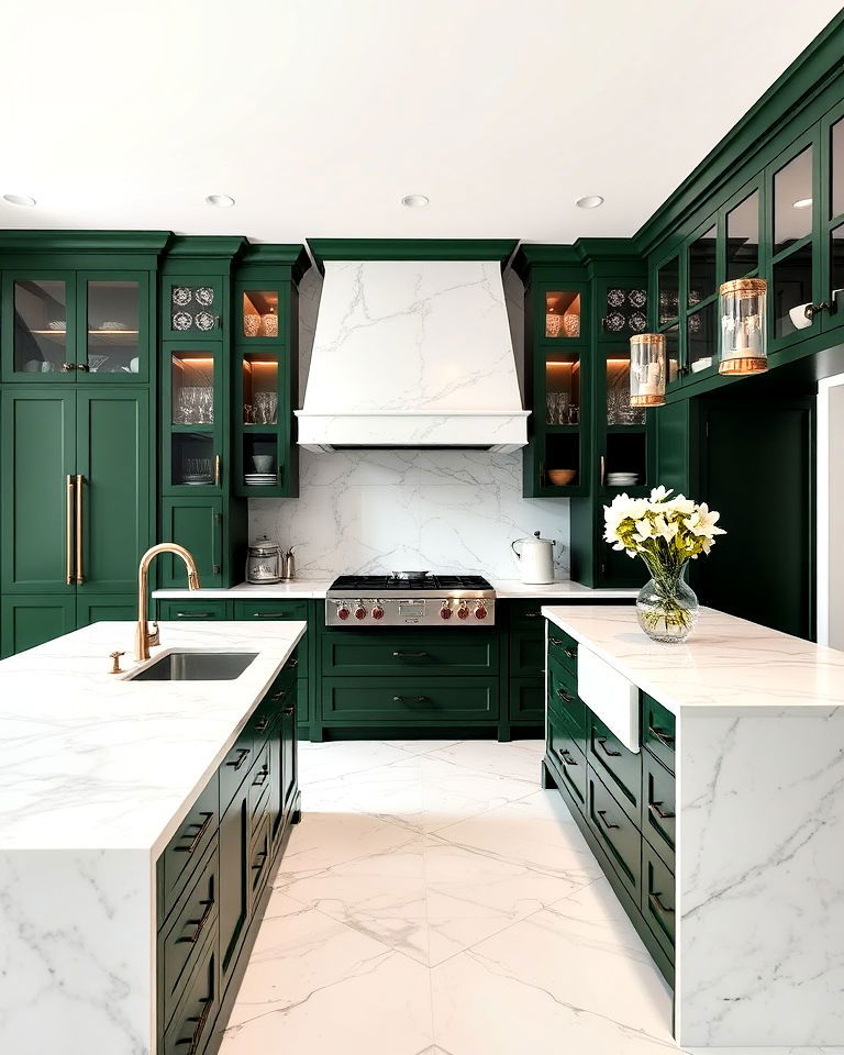 luxurious dark green cabinets and white marble countertops - 40 Dark Green Kitchen Ideas