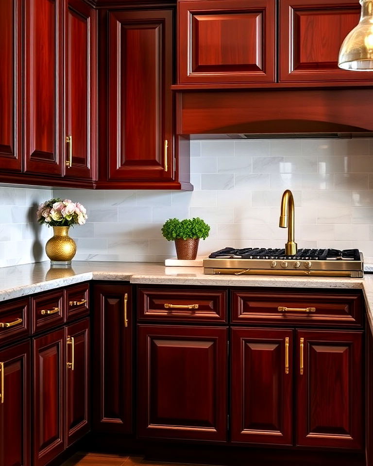 luxurious dark mahogany cabinets with gold hardware - 30 Dark Wood Kitchen Cabinets