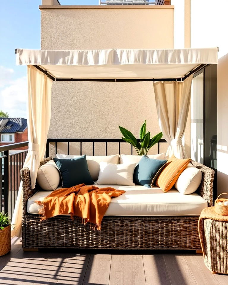 luxurious daybed with canopy for balcony - 25 Balcony Seating Ideas