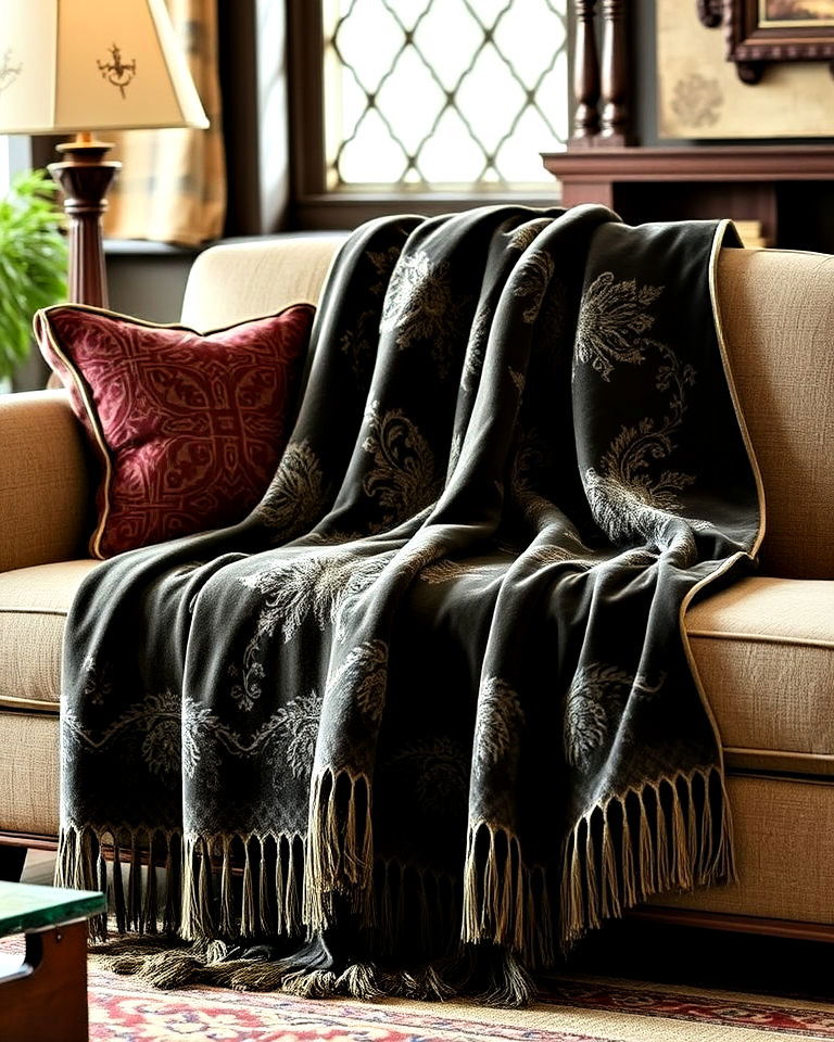luxurious embellished throw blankets - 20 Castle Living Room Ideas