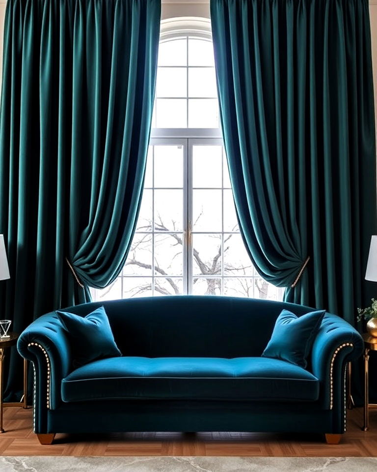 luxurious floor to ceiling drapes and velvet sofa - 20 Couch in Front of Window Ideas
