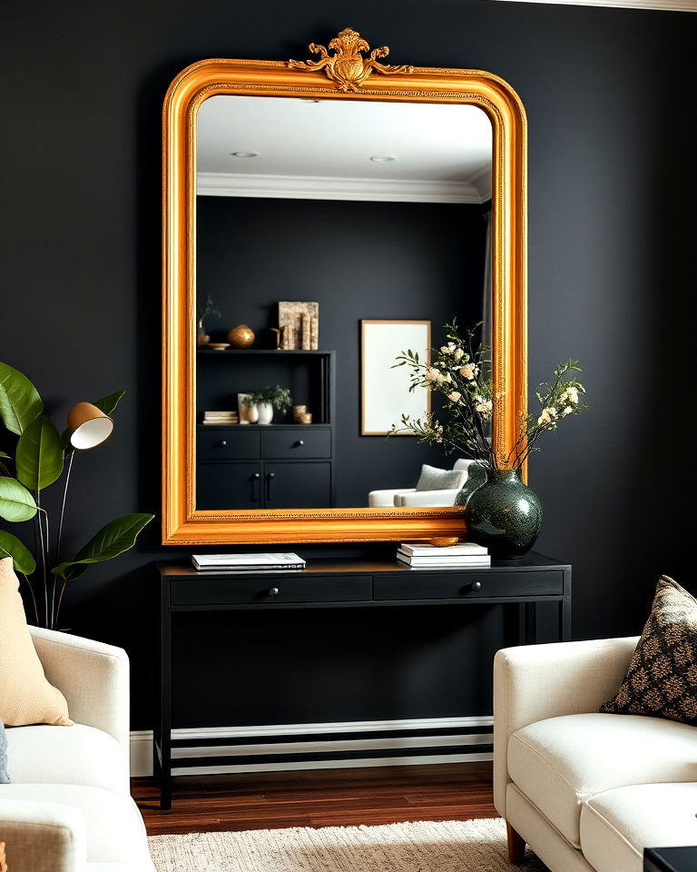 luxurious gold framed mirror for living room - 40 Black and Gold Living Room Ideas