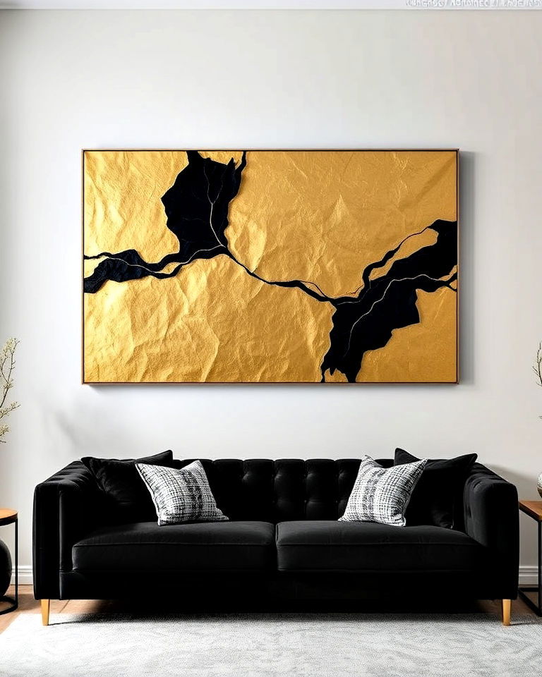 luxurious gold leaf wall art with black detailing - 40 Black and Gold Living Room Ideas