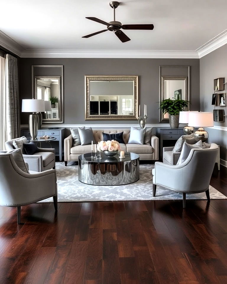 luxurious grey and silver accents - 20 Grey Living Room With Dark Wood Floors