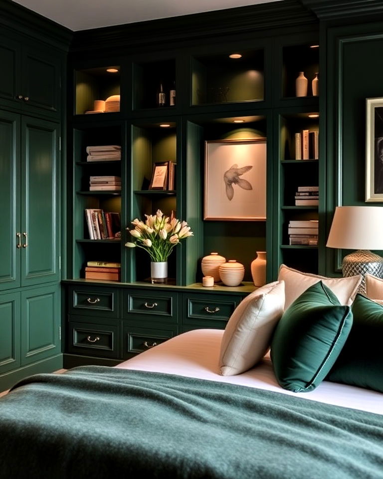 luxurious hunter green built in panels - 20 Green Panelling Bedroom Ideas