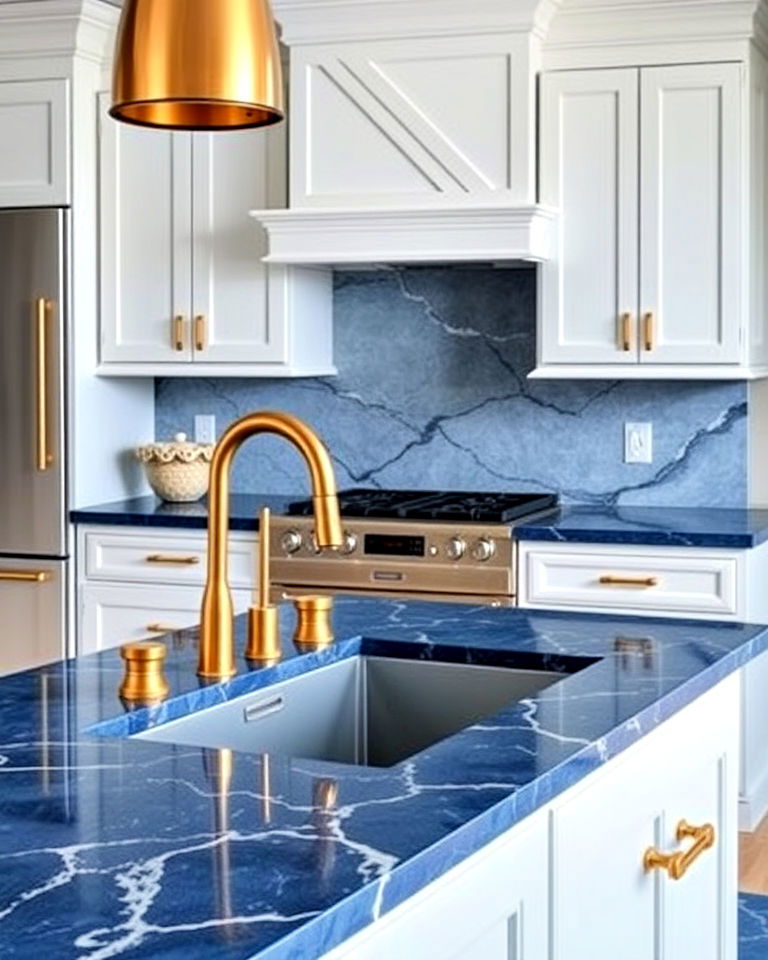 luxurious indigo quartz counters with gold hardware - 20 Kitchens With Blue Countertops