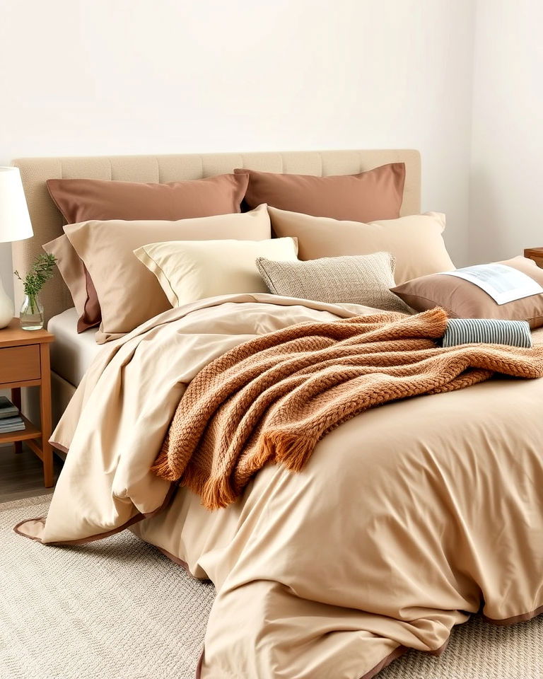luxurious layered taupe bedding - 20 Taupe Bedroom Ideas