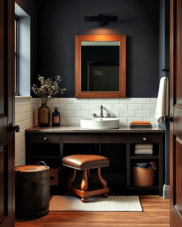 luxurious leather and wood elements - 20 Masculine Bathroom Ideas