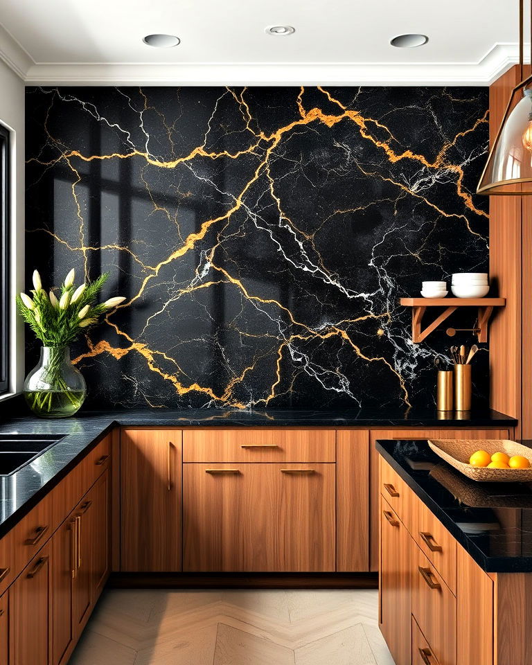 luxurious look black marble with gold veining - 30 Kitchen With Black Backsplash