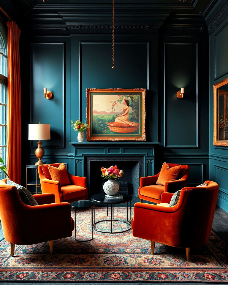 luxurious lounge with teal and rust orange - 20 Teal and Orange Color Scheme for Your Rooms
