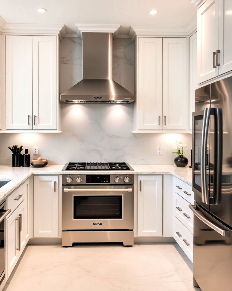 luxurious marble and metal contrast - 25 White Kitchen with Stainless Steel Appliances Ideas