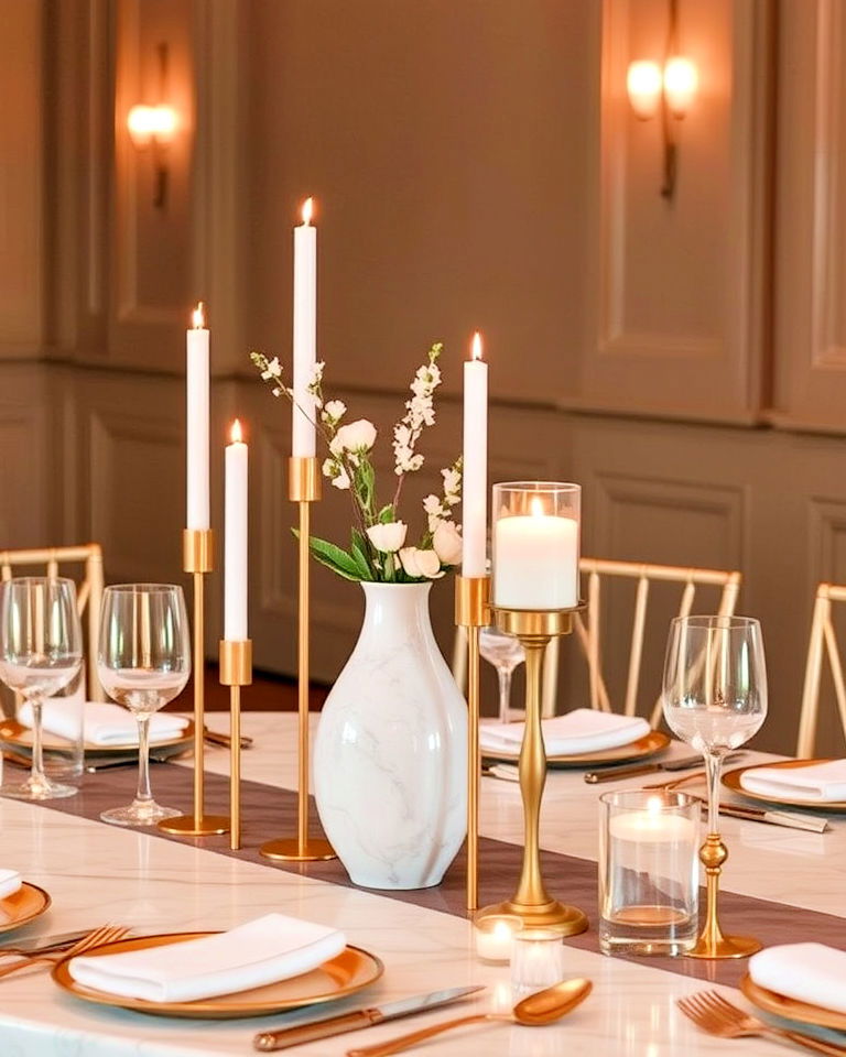 luxurious marble and metallic accents - 30 Rehearsal Dinner Centerpiece Ideas