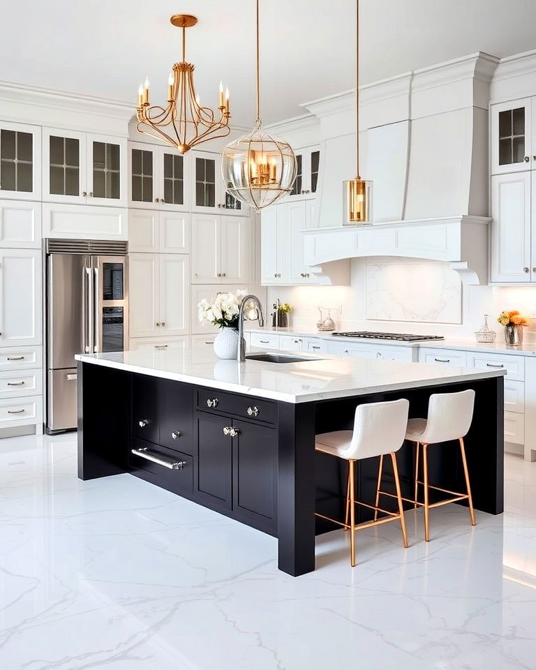 luxurious marble countertops and black island - 20 White Kitchen Ideas With Black Island