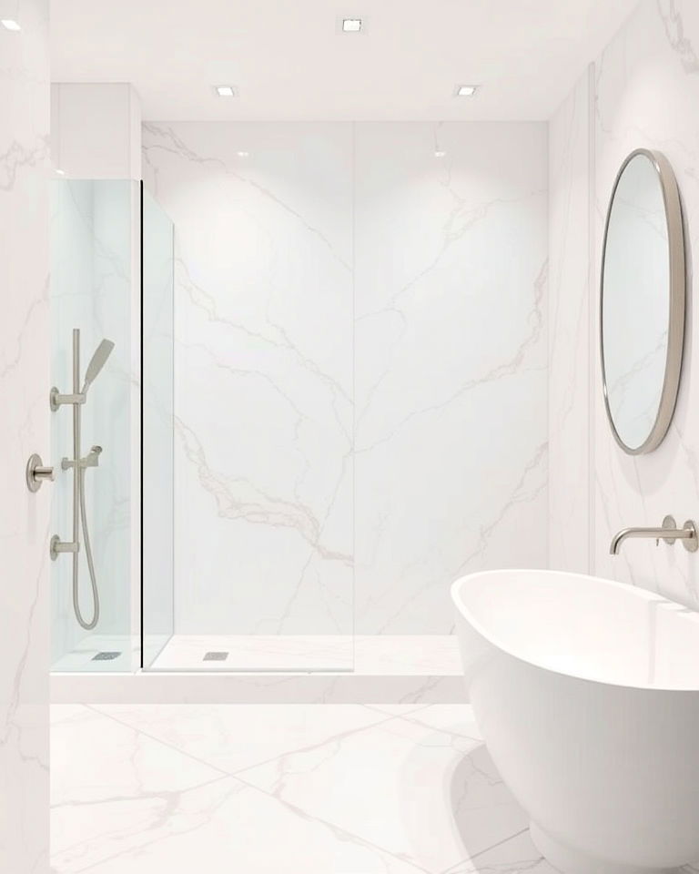 luxurious marble tiles with subtle brown veins - 15 Brown and White Bathroom Ideas