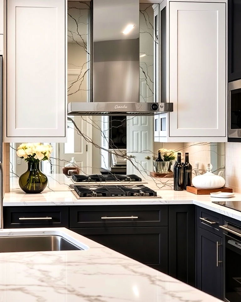 luxurious mirrored and marble combo - 30 Mirrored Backsplash Kitchen Ideas