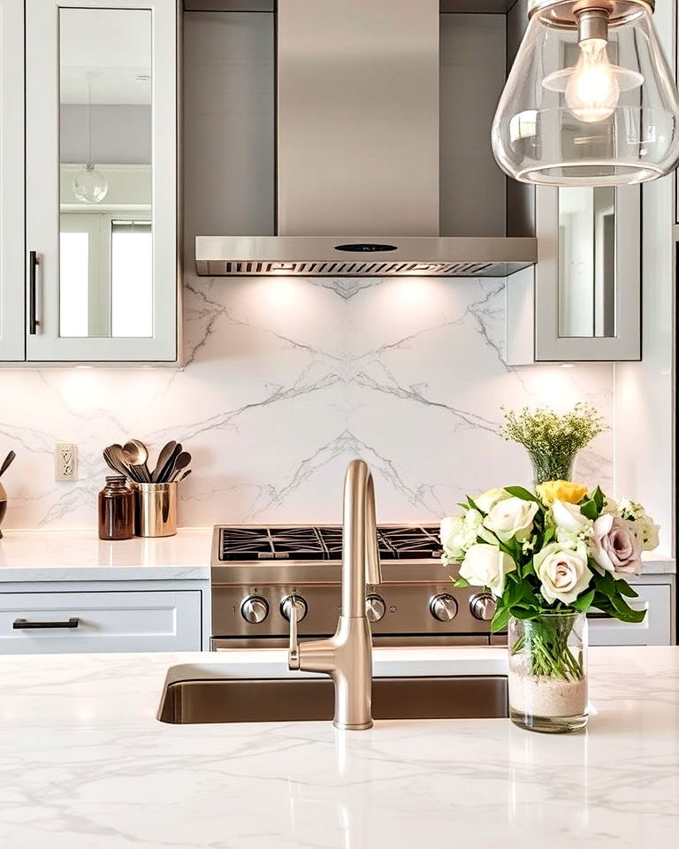 luxurious mirrored panels with marble accents - 30 Mirrored Backsplash Kitchen Ideas