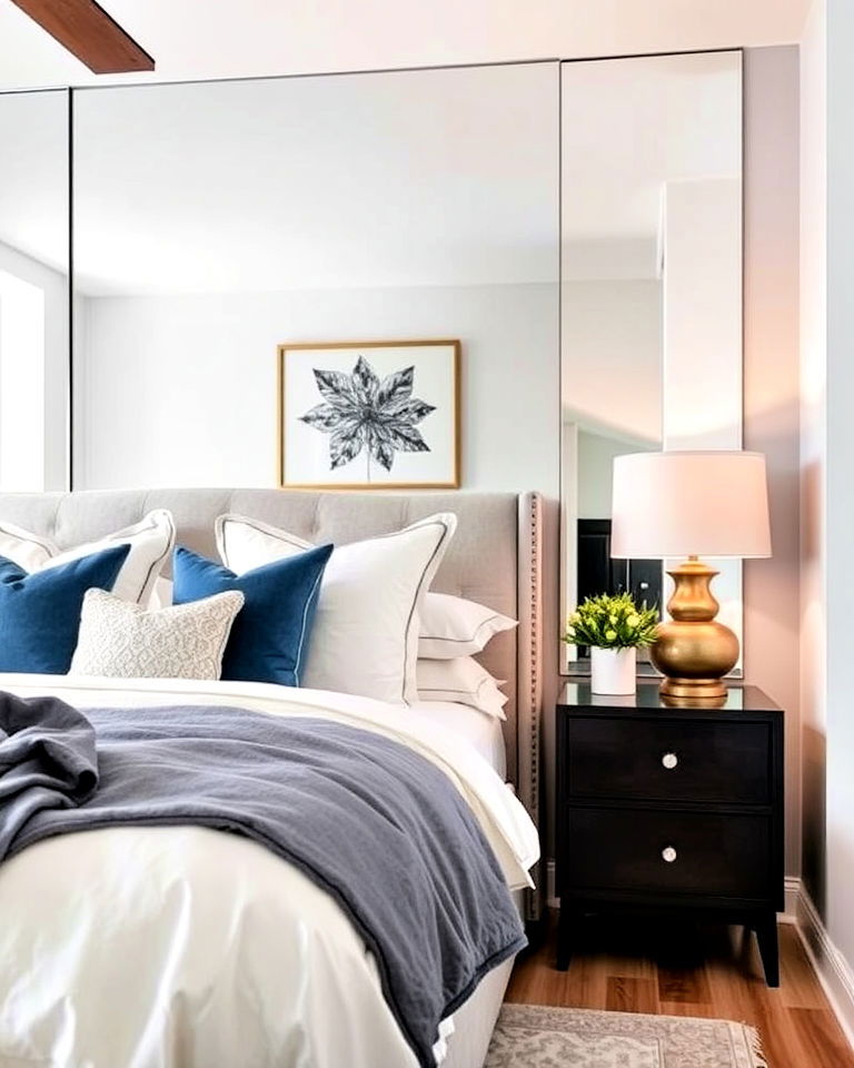 luxurious mirrored wall behind nightstand - 15 Mirror Behind Nightstand Design Ideas