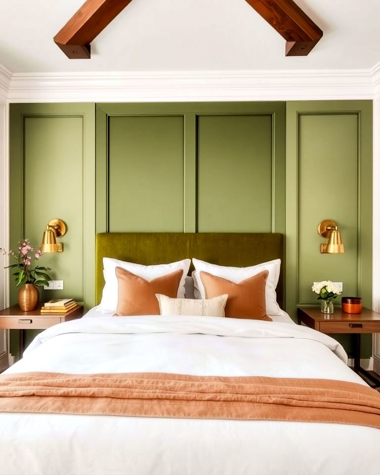 luxurious moss green headboard panels - 20 Green Panelling Bedroom Ideas