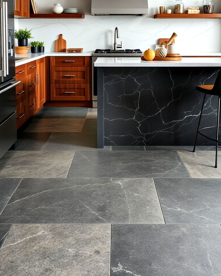 luxurious natural stone black floor - 20 Black Floor Kitchen Ideas