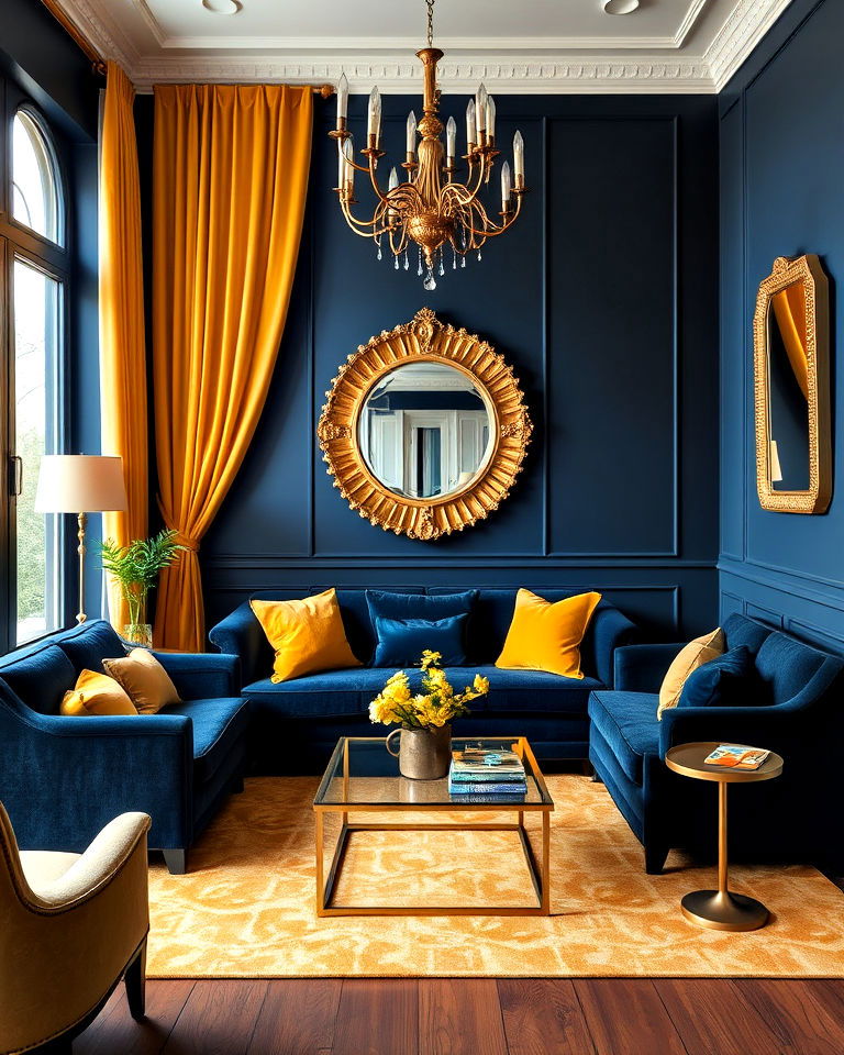 luxurious navy and gold tones for timeless aesthetic - 15 Yellow and Blue Living Room Ideas