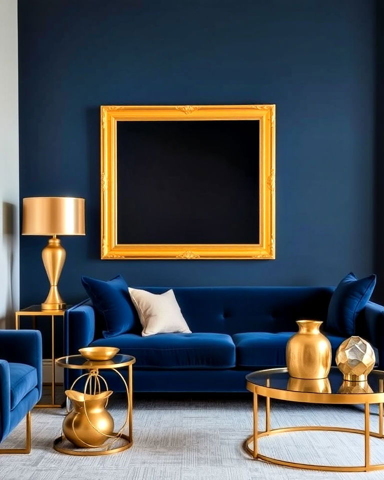luxurious navy blue and gold accents - 25 Navy Blue Living Room Ideas