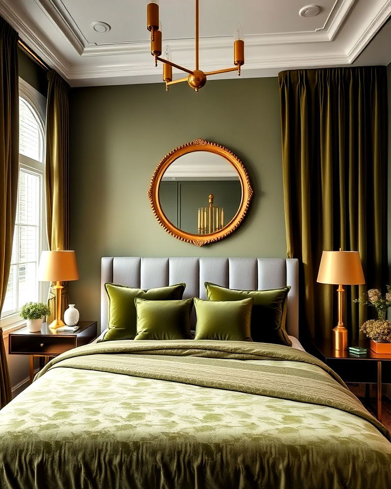 luxurious olive green and gold accents - 25 Olive Green Bedroom Ideas