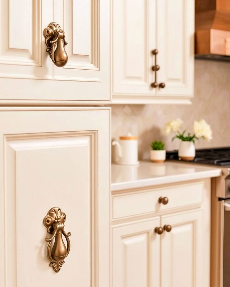 luxurious ornate drop pulls - 40 Kitchen Cabinet Hardware Ideas