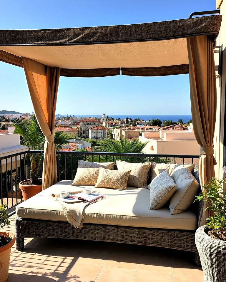 luxurious outdoor daybed with canopy - 20 Mediterranean Balcony Ideas
