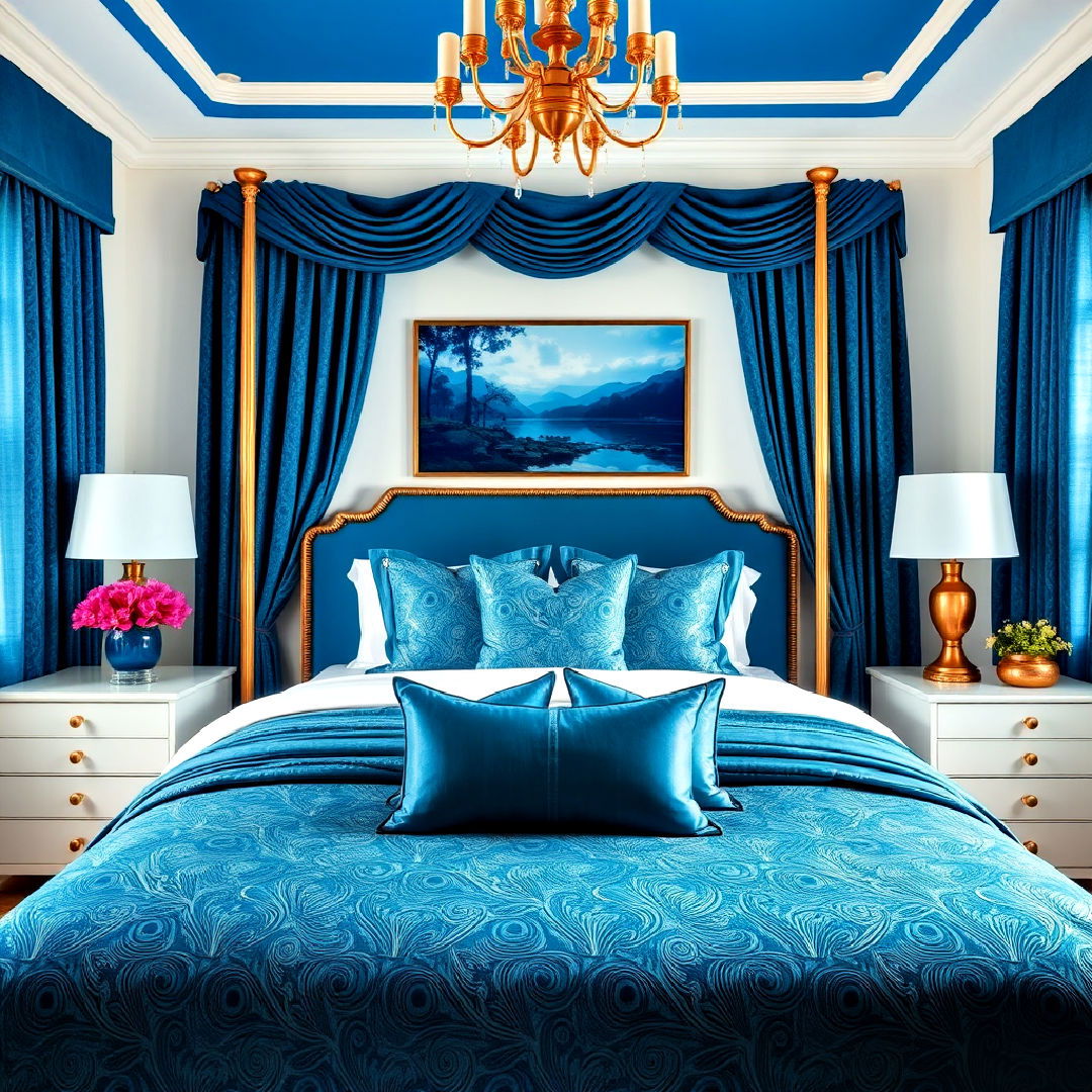 luxurious peacock blue accents - 40 Blue Bedroom Ideas