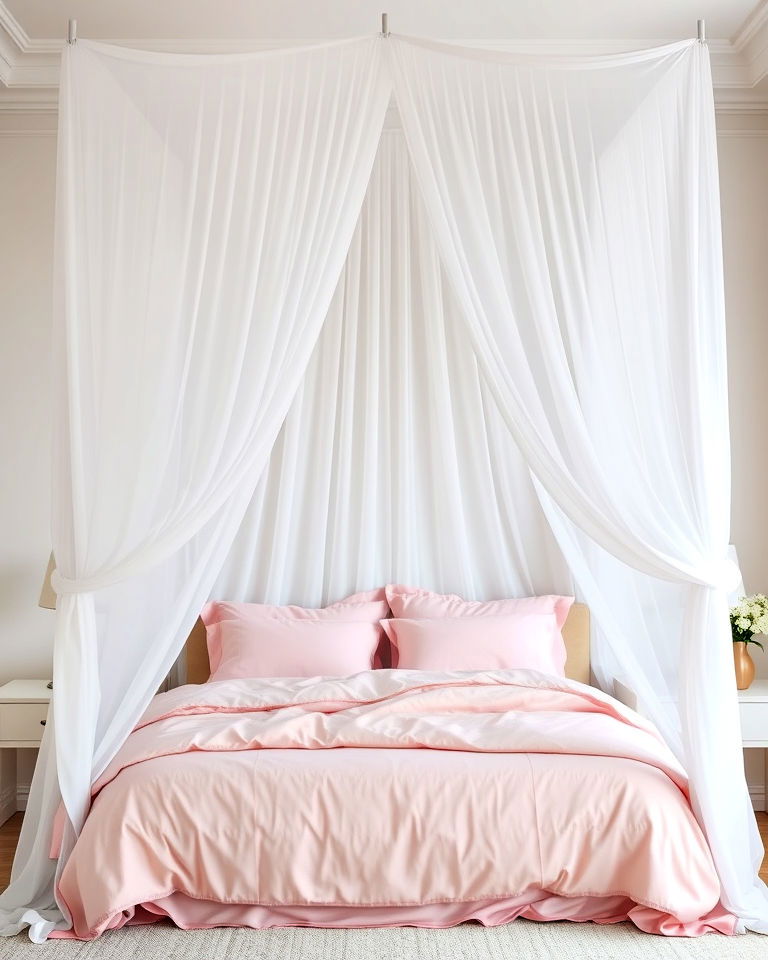 luxurious pink bedding with white canopy - 25 Pink and White Bedroom Ideas