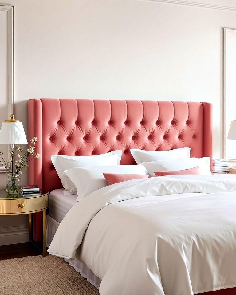 luxurious pink velvet headboard with white linens - 25 Pink and White Bedroom Ideas