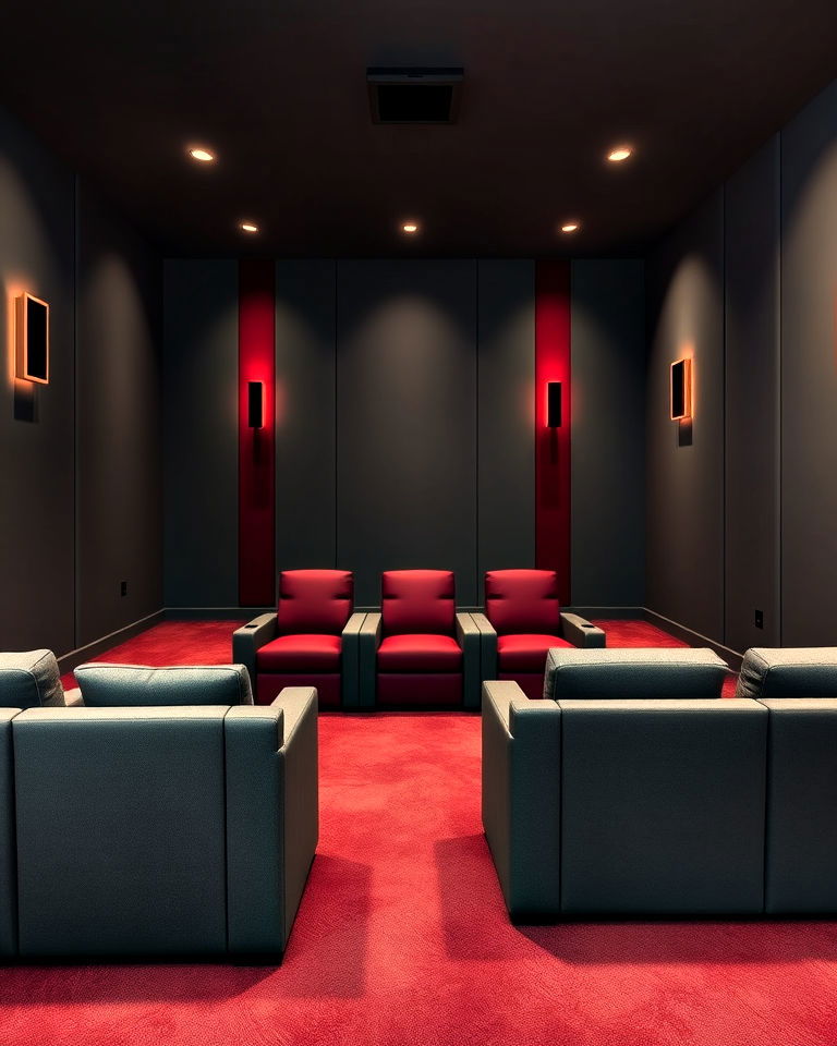 luxurious platinum gray and wine red accents - 20 Gray Home Theater Paint Color Schemes
