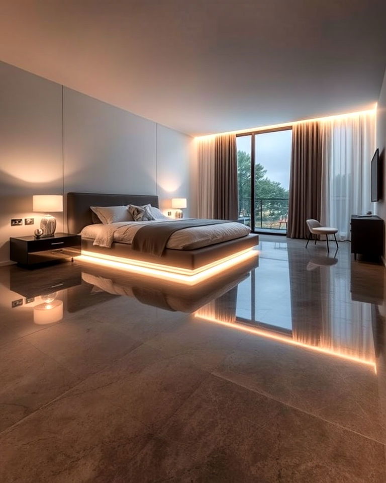 luxurious polished concrete with built in lighting - 20 Concrete Floor Bedroom Ideas