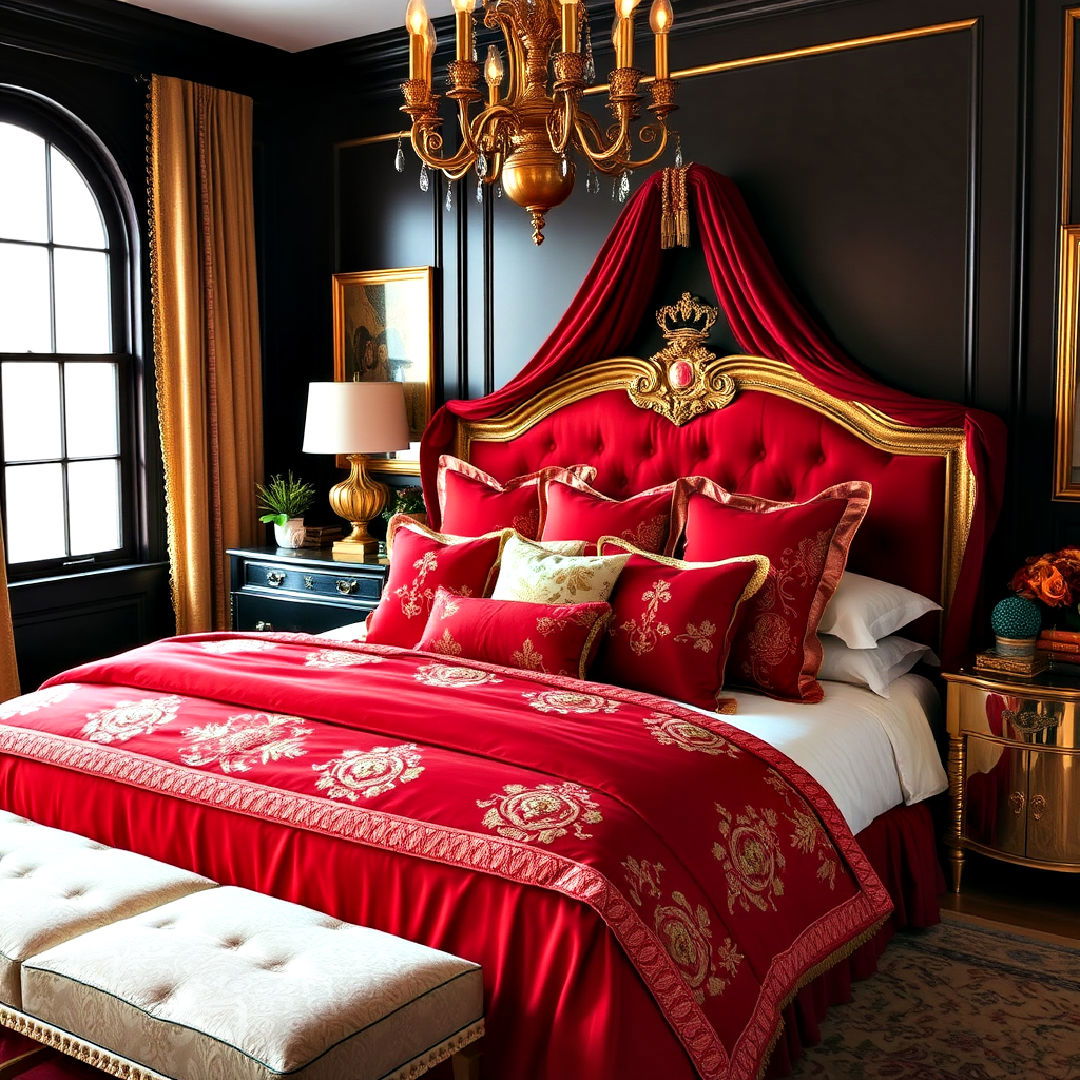 luxurious red and gold bedding - 20 Red Bedroom Ideas